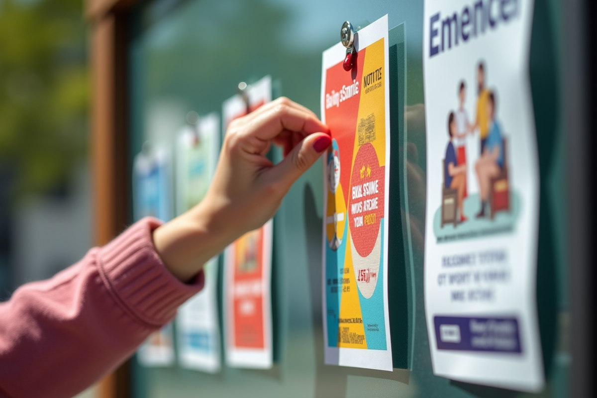 Main fixant une affiche attrayante sur un panneau extérieur ensoleillé