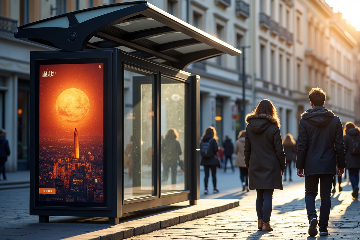 Arrêt de bus urbain avec affiche colorée dans une vitrine