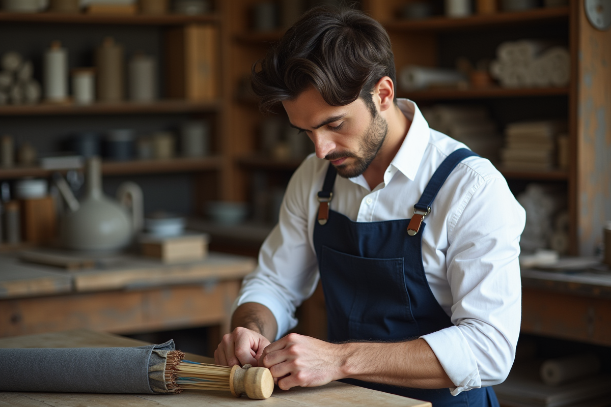 Artisan français assemblant un parapluie dans son atelier