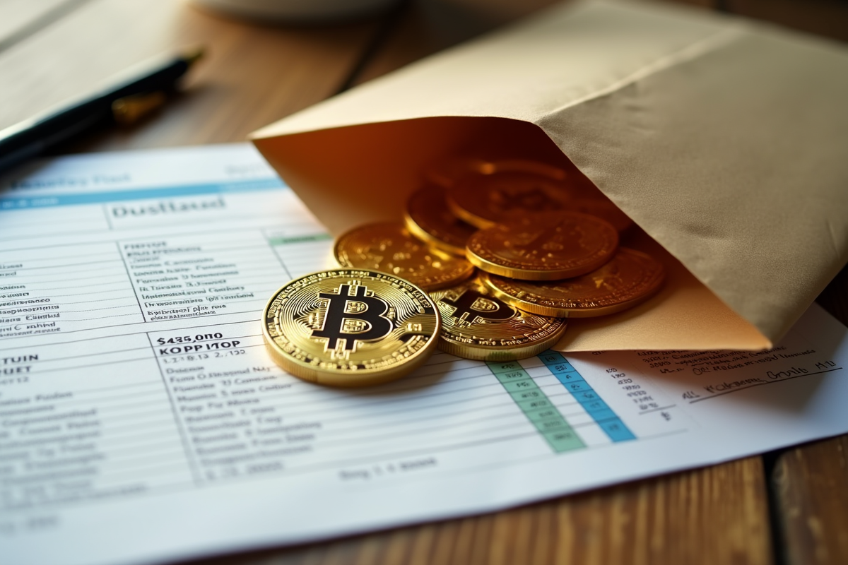 Pièces de Bitcoin tombant sur papiers fiscaux avec stylo sur table en bois