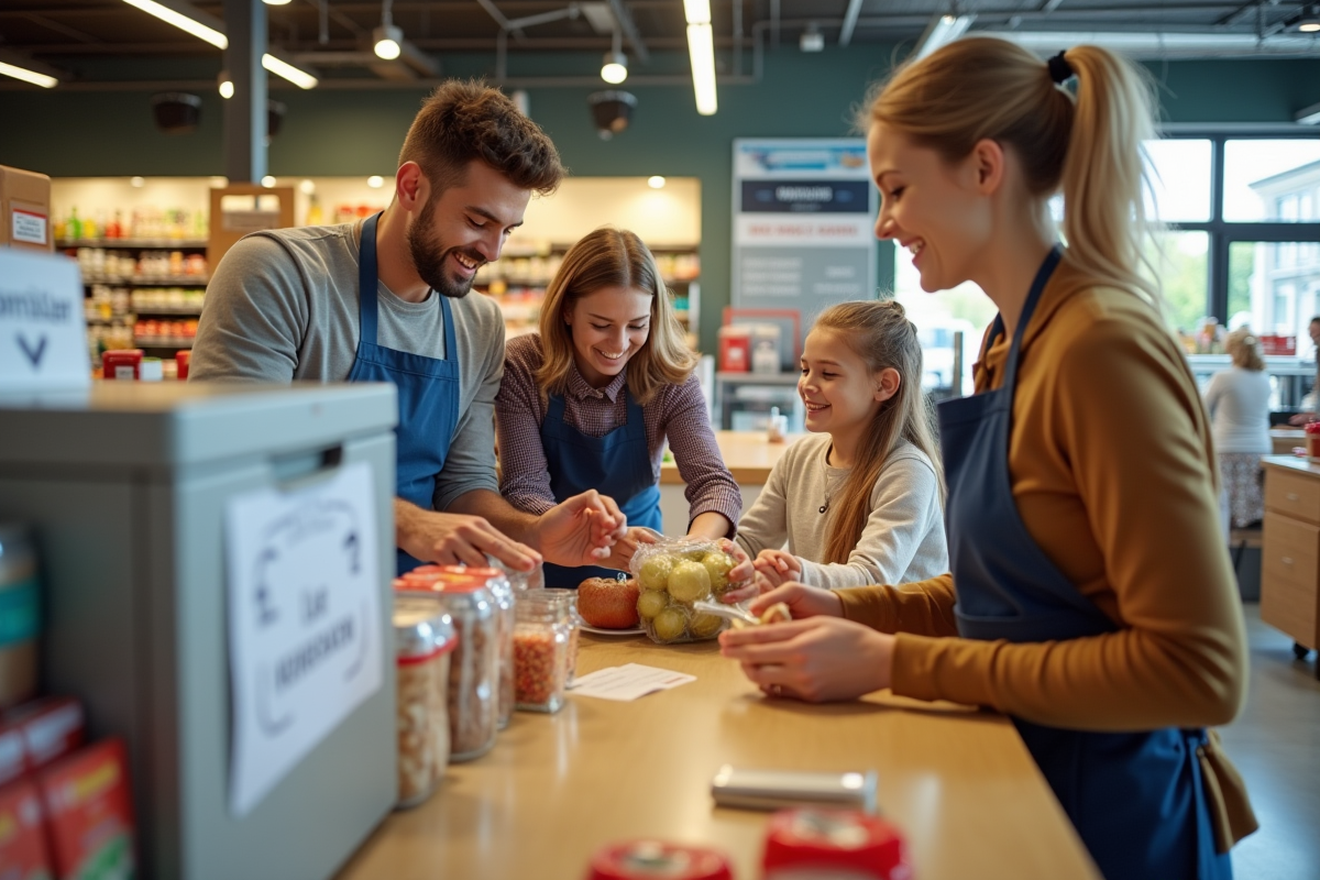 Famille faisant des dons dans un supermarche Carrefour Belgique ensoleille