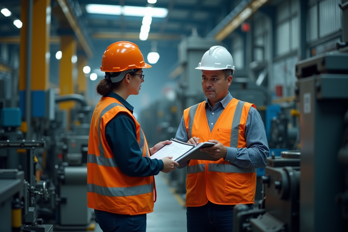 Ouvrier industriel avec agent de conformité et machine