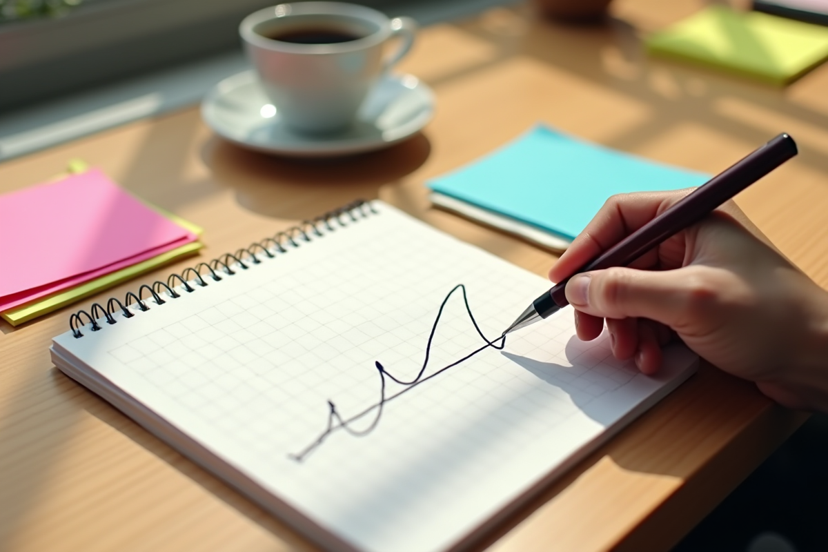 Une main esquisse une courbe ascendante sur un carnet avec des notes colorées