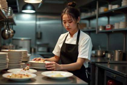 Jeune femme fatiguée en cuisine restaurant avec vaisselle sale