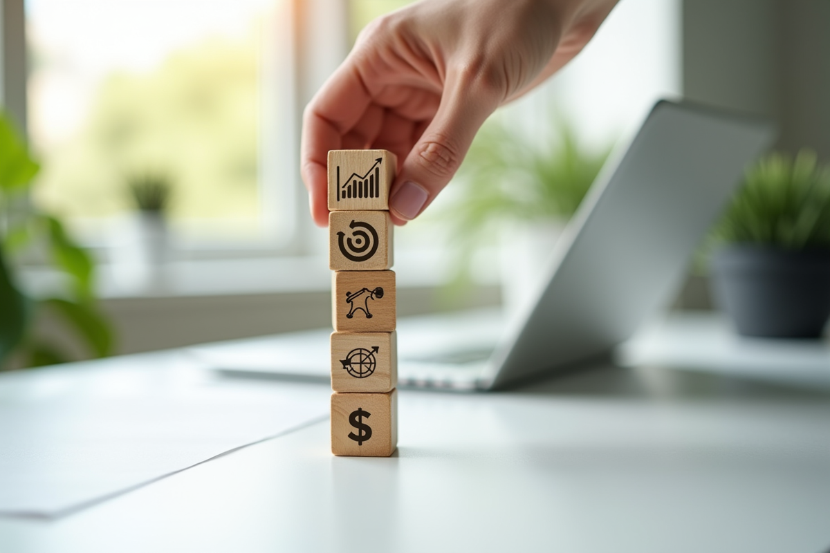 Main empilant des blocs avec icones de succès d