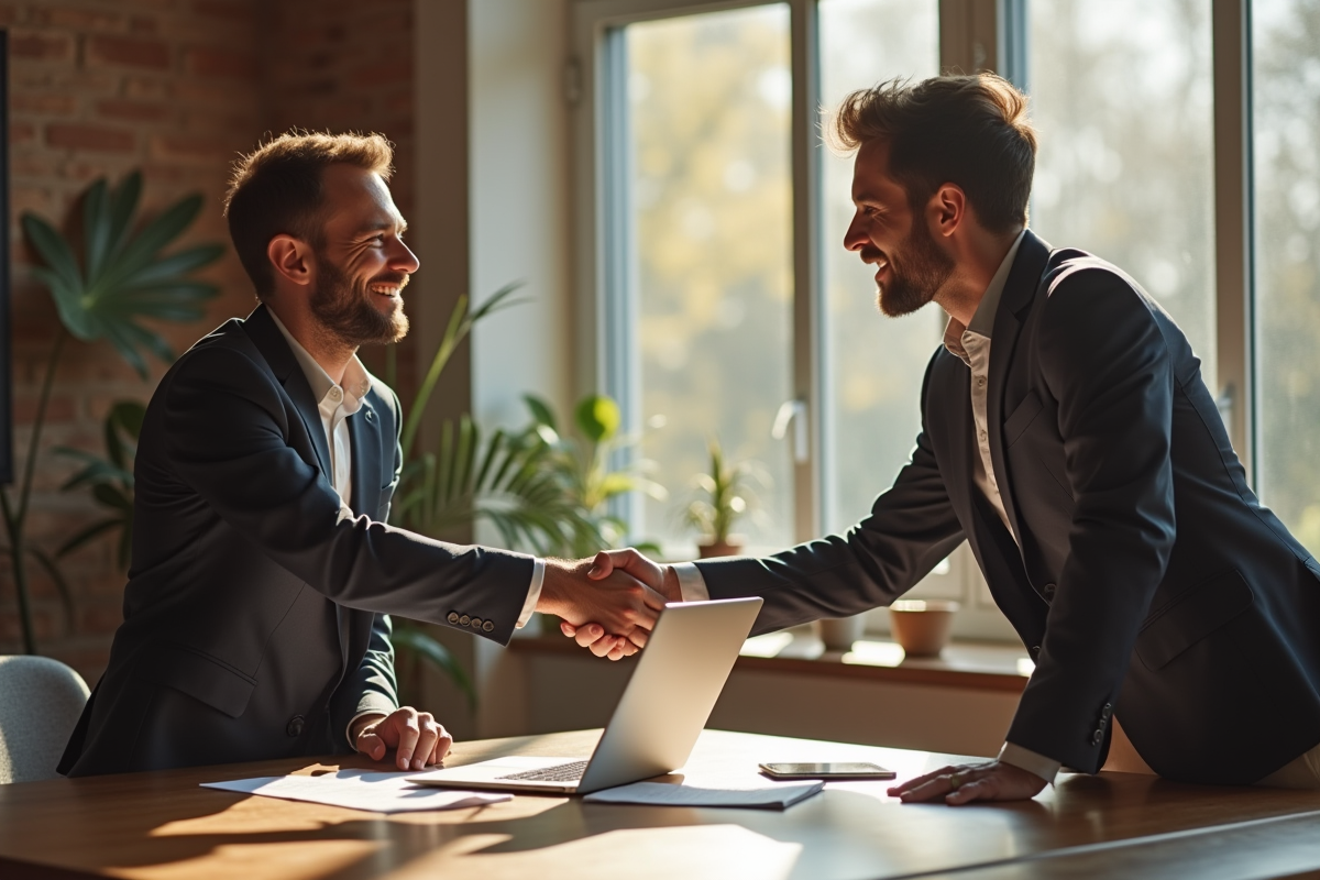 Entrepreneur serrant la main d un conseiller dans un espace de coworking