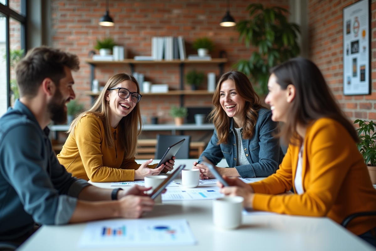 Groupe de collègues marketing en discussion créative