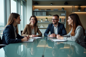 Equipe de professionnels en réunion dans un bureau moderne