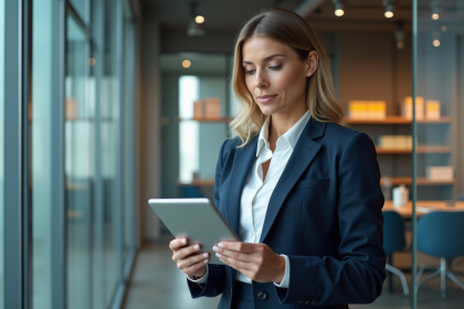 Femme d'affaires confiante avec tablette et graphique