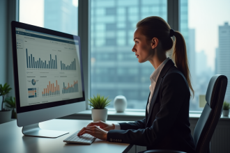 Jeune femme en blazer analysant des graphiques marketing