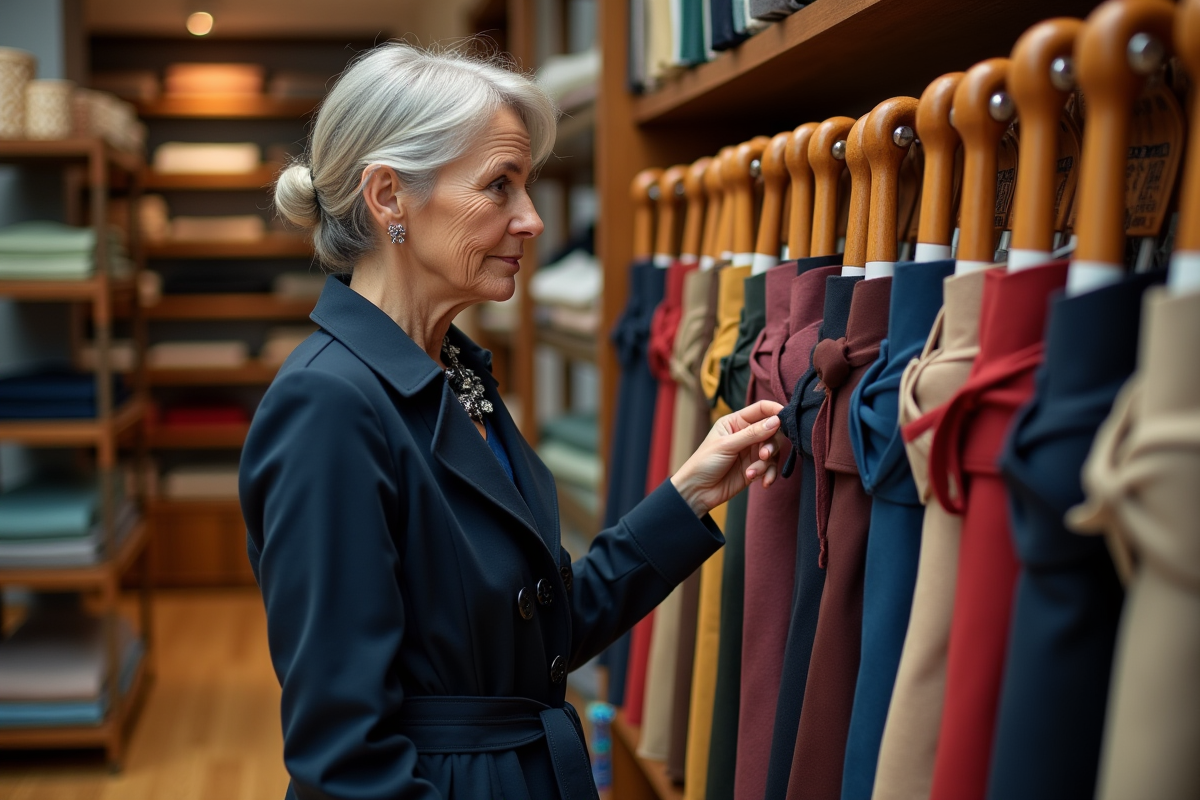 Femme française inspectant des parapluies dans une boutique élégante