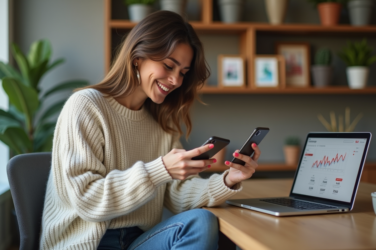 Jeune femme au bureau analysant ses données digitales