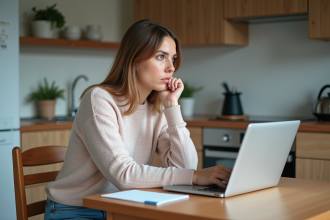 Femme concentrée travaillant sur un ordinateur dans une cuisine moderne
