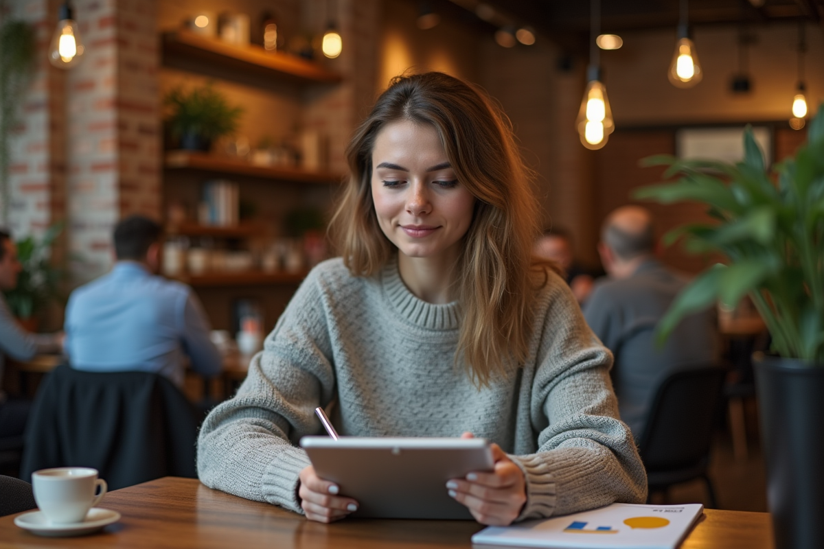Jeune femme prenant des notes sur une tablette dans un café