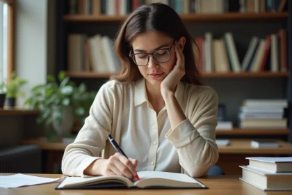 Femme r&eacute;fl&eacute;chie feuilletant un livre blanc dans un bureau moderne