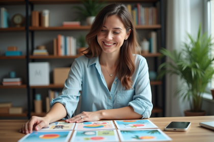 Femme organisée vérifiant ses flyers dans un bureau moderne
