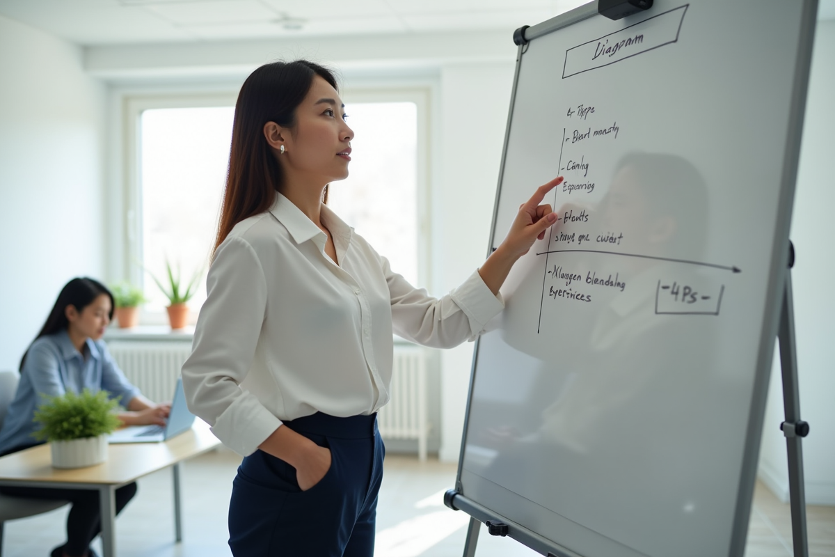 Jeune femme expliquant un diagramme dans un bureau lumineux