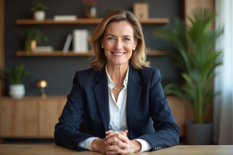 Femme confiante en bureau moderne avec blazer navy