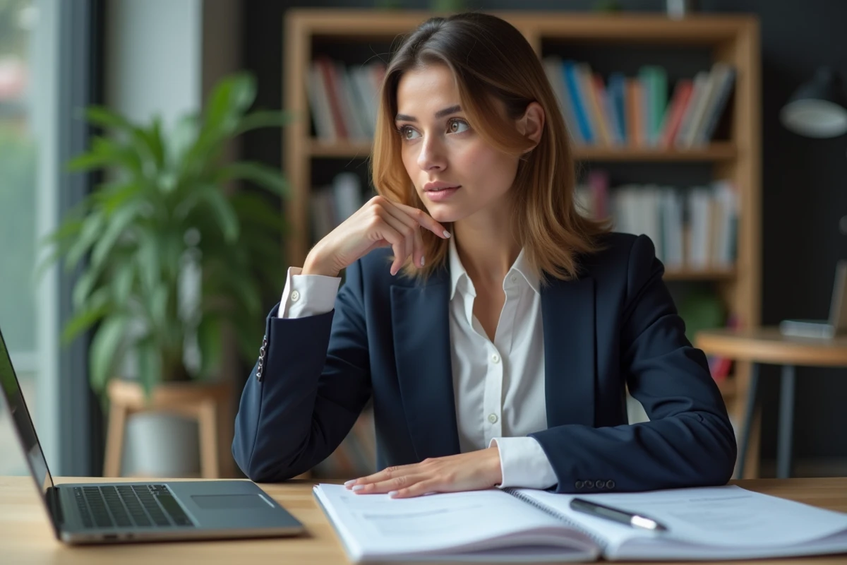 Femme en bureau avec CV et ordinateur pour article {titre}