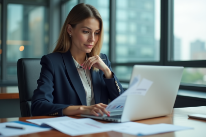Femme en costume navy dans un bureau moderne avec skyline