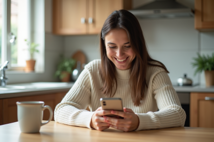Femme souriante v&eacute;rifiant notification bancaire sur smartphone