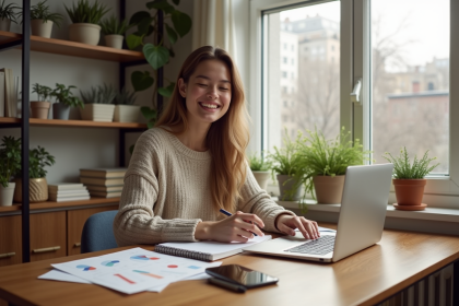Jeune femme travaillant dans son appartement lumineux