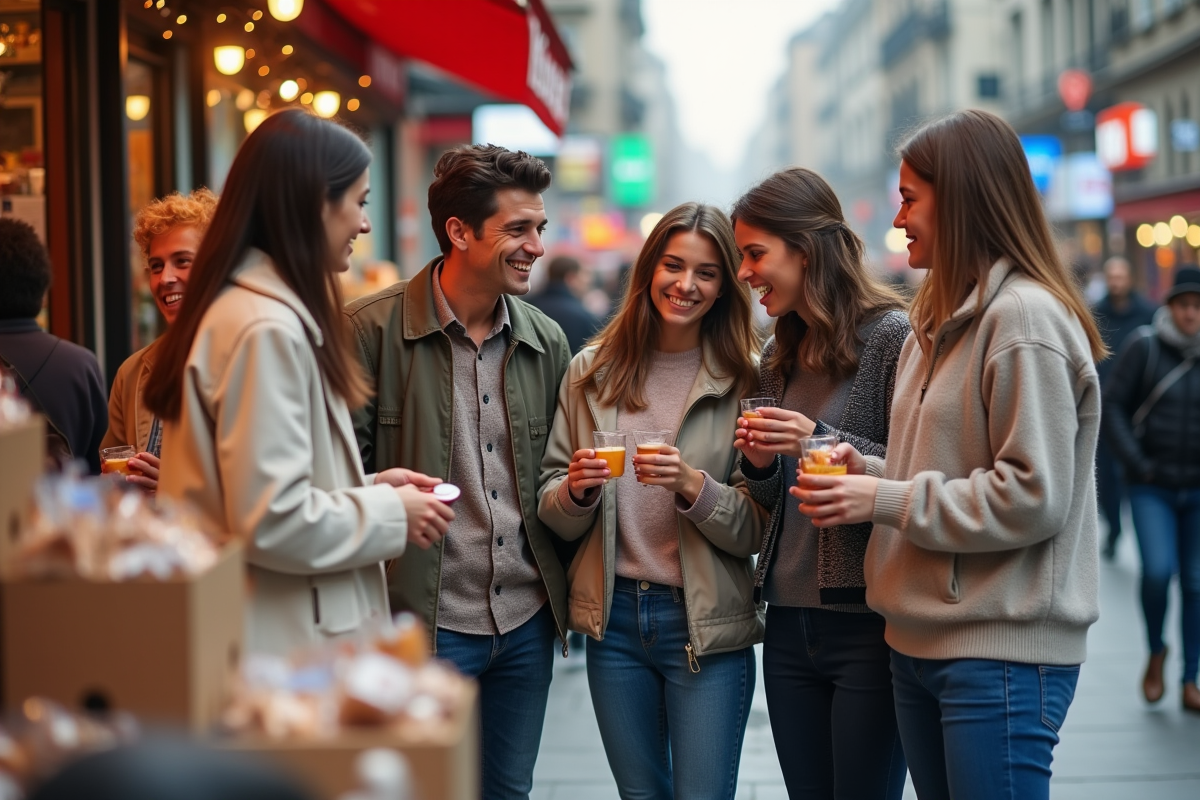Jeunes divers discutant autour d un stand en ville