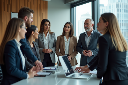 Groupe de professionnels en réunion dans une salle moderne