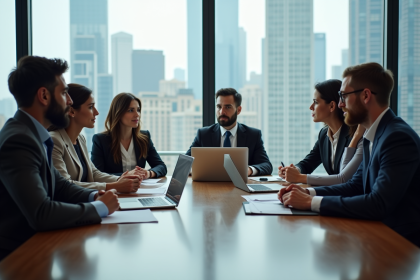 Groupe de professionnels en r&eacute;union de travail