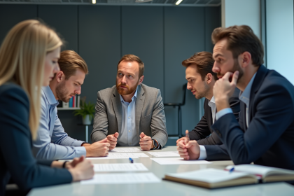 Groupe d'employes en reunion de travail dans un bureau moderne