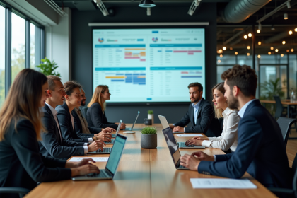 Groupe de coll&egrave;gues en r&eacute;union dans un bureau moderne