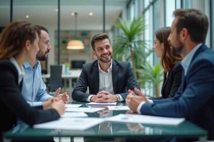 Groupe de collègues en réunion dans un bureau moderne