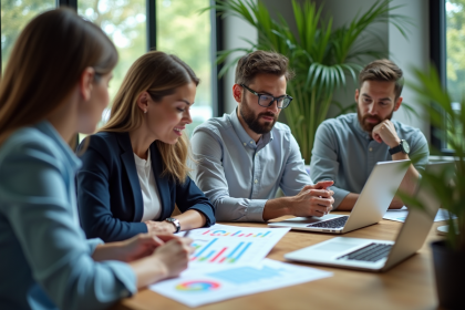 Groupe de professionnels analysant des infographies en réunion