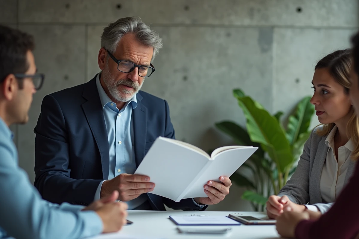 Homme en costume expliquant un livre blanc à un groupe