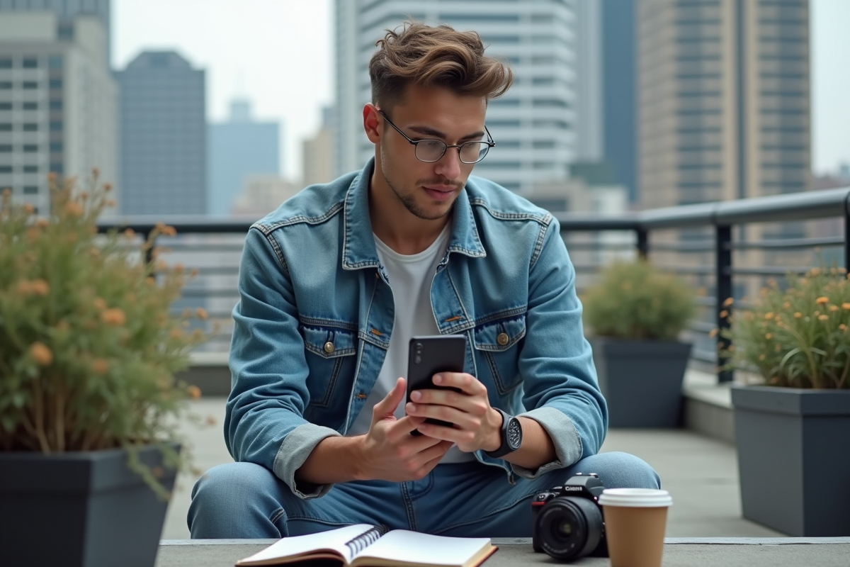 Jeune homme créatif sur un rooftop urbain avec smartphone