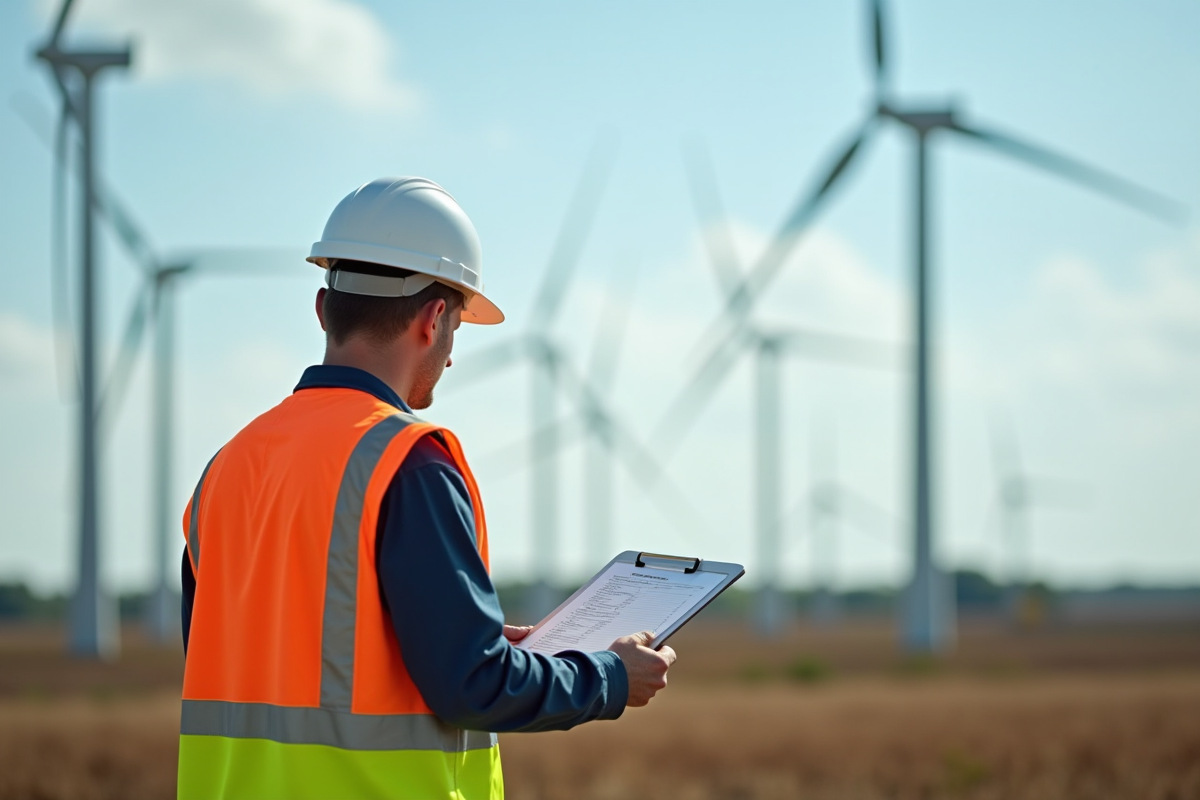 Inspecteur en extérieur évaluant une installation d énergie renouvelable