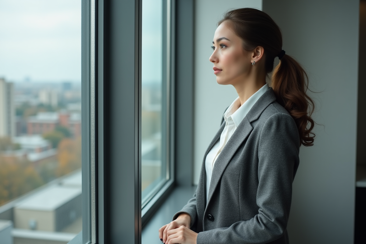 Jeune femme publique regardant par la fenetre