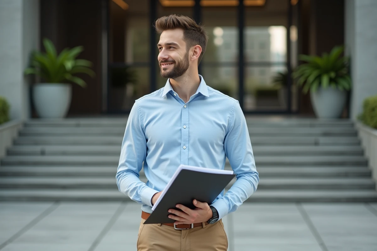 Jeune homme avec dossier devant entrée moderne pour article {titre}