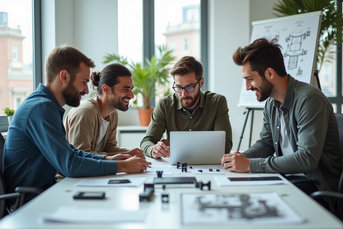 Groupe d ingénieurs jeunes collaborant autour d un ordinateur et prototype