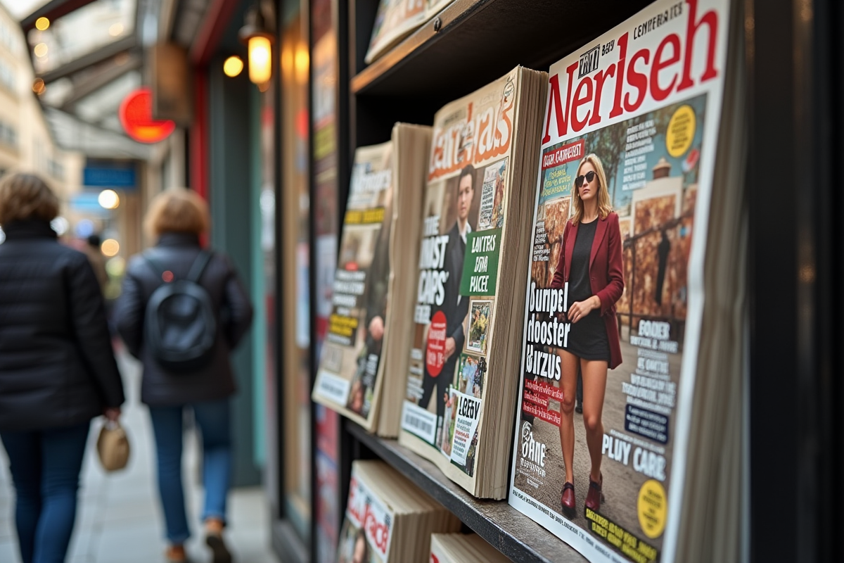Kiosque à journaux avec magazines populaires en vitrine