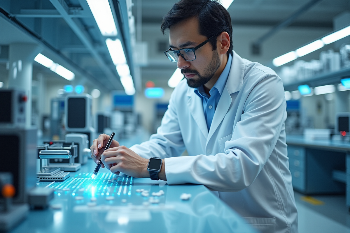 Chercheur en laboratoire examinant prototypes avancés