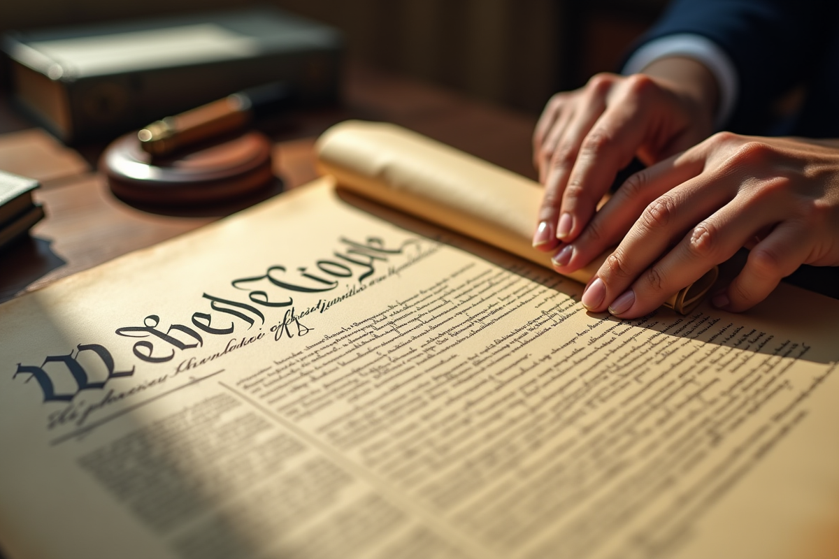 Mains feuilletant un document constitutionnel avec papiers et plume