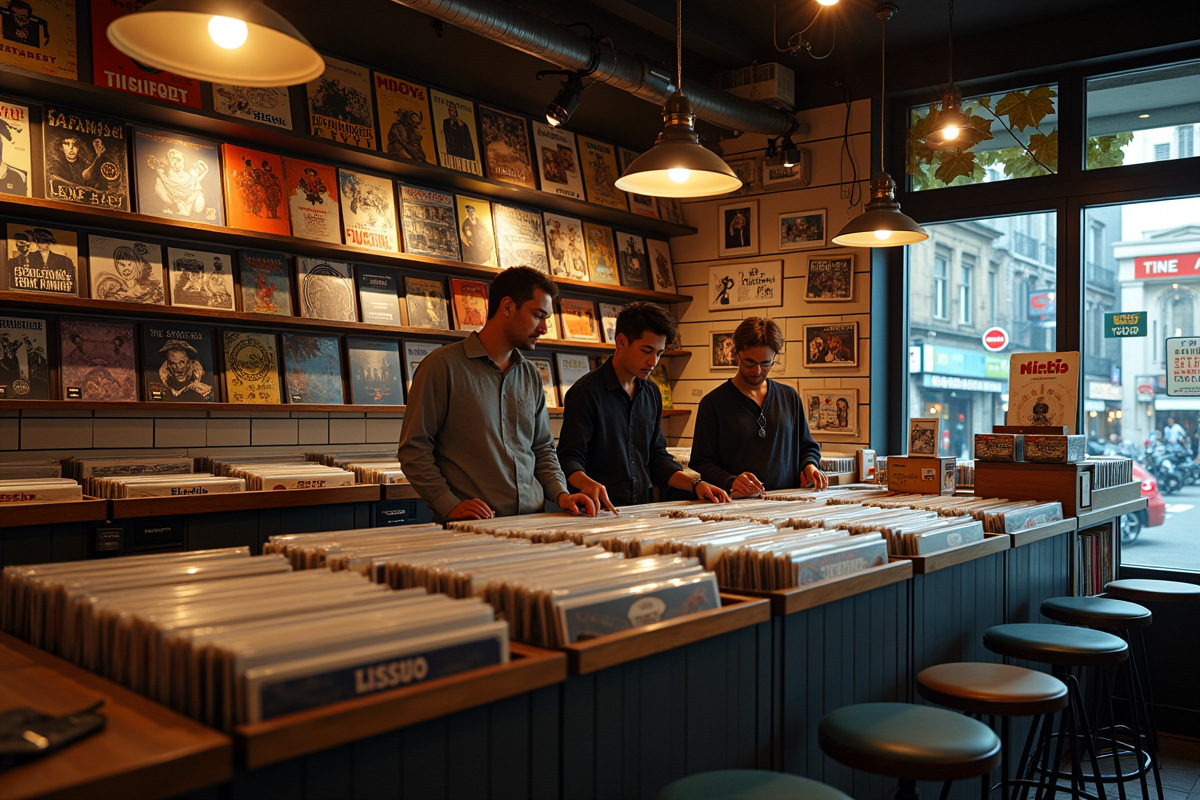 Magasin de disques vinyles avec équipe chaleureuse