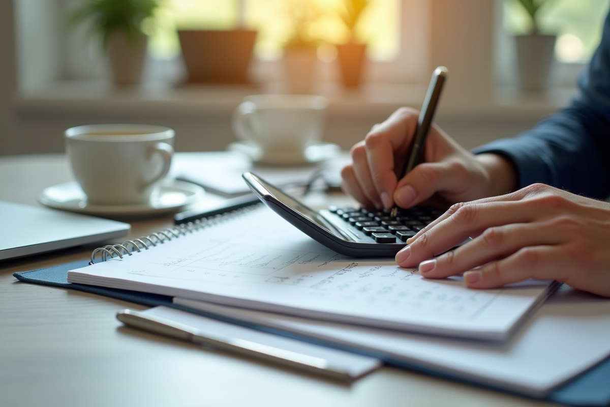 Mains utilisant une calculatrice et écrivant dans un carnet de comptabilité lumineux