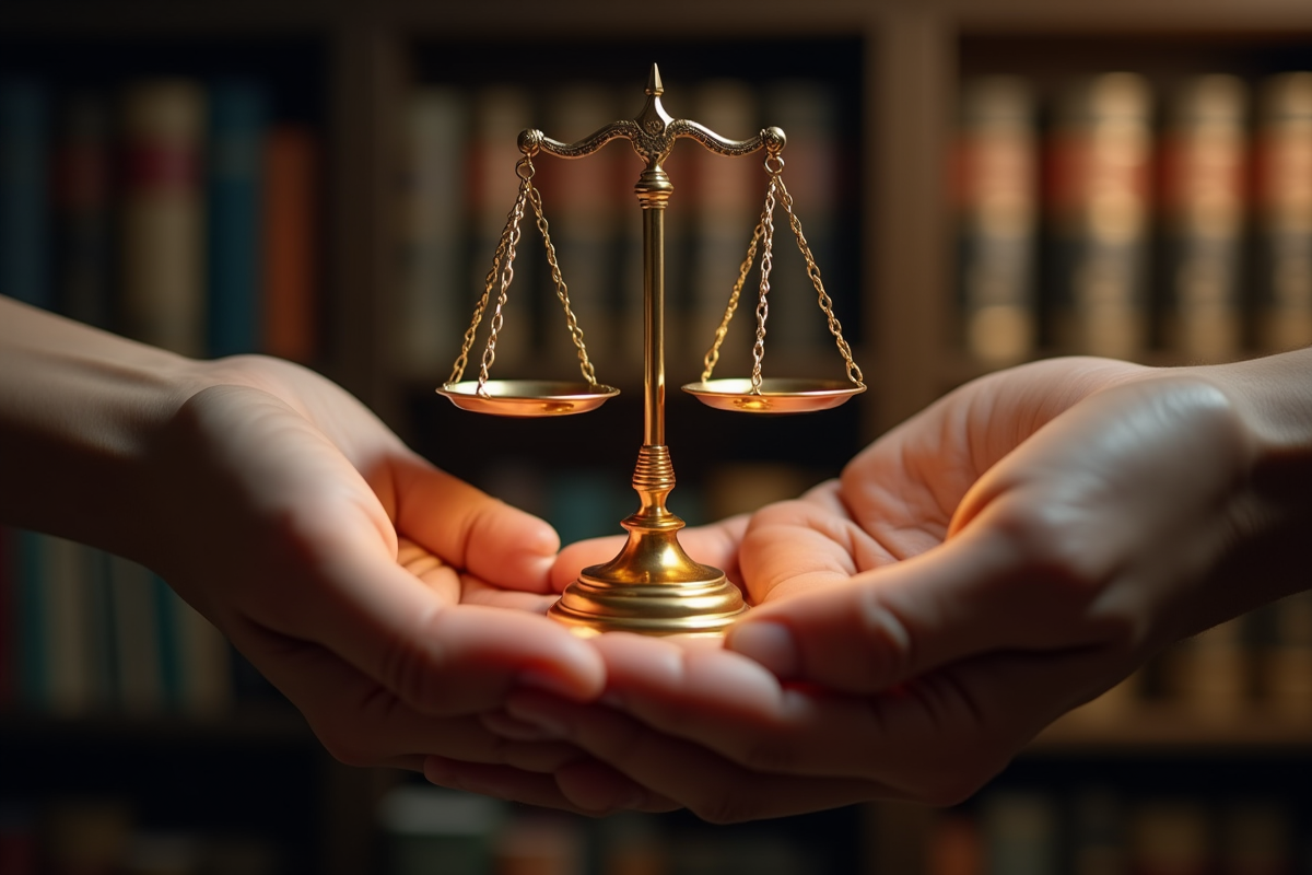 Deux mains échangeant une balance dorée symbole de justice et d