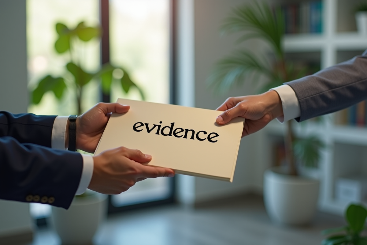 Deux mains échangeant un dossier evidences dans un bureau lumineux