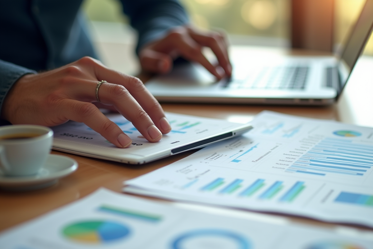 Mains tapant sur un ordinateur portable avec rapports SEO