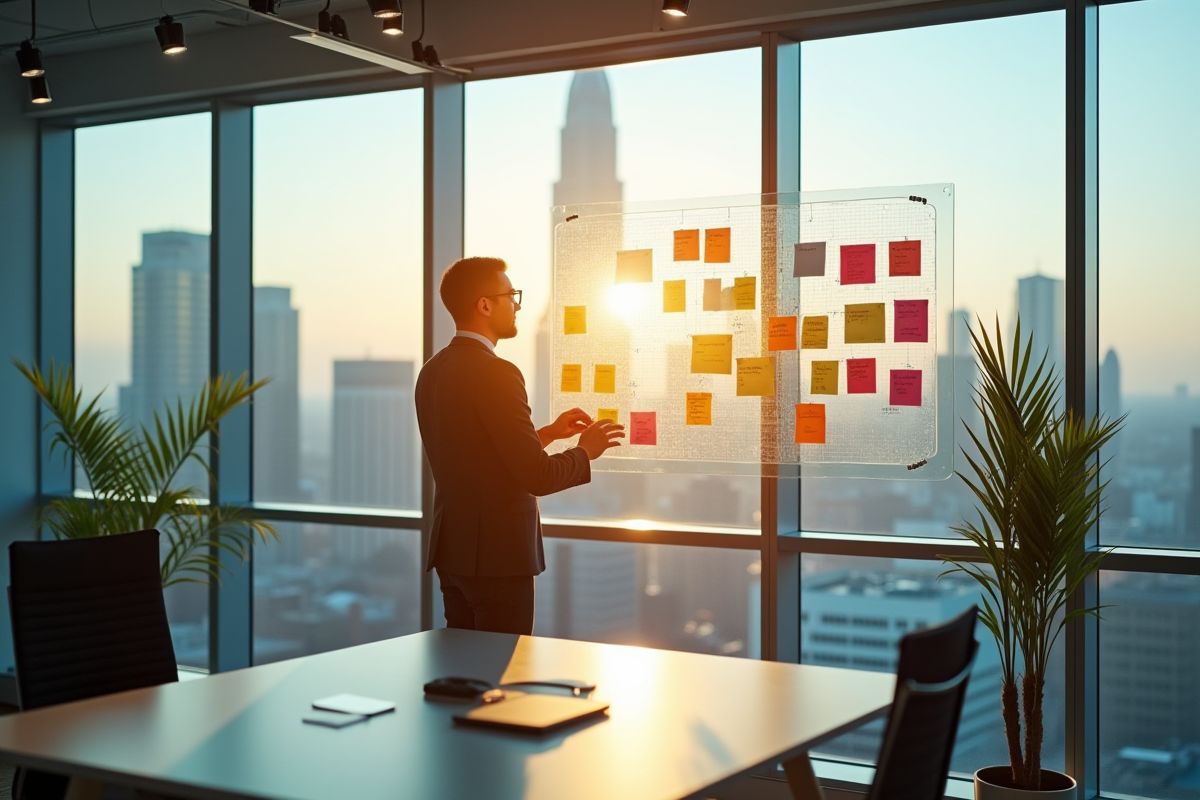 Marketeur organisant des notes et diagrammes dans un espace créatif