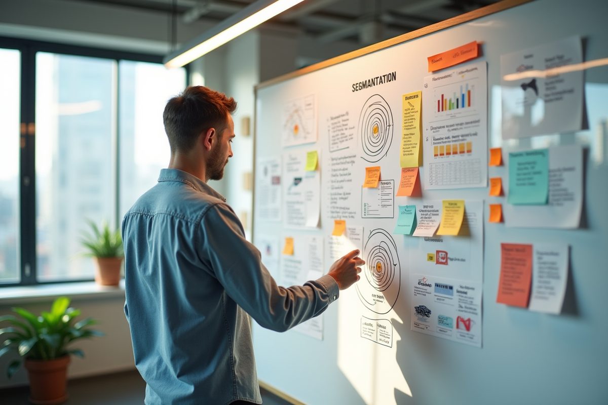 Professionnel créatif devant un tableau blanc avec cartes et notes