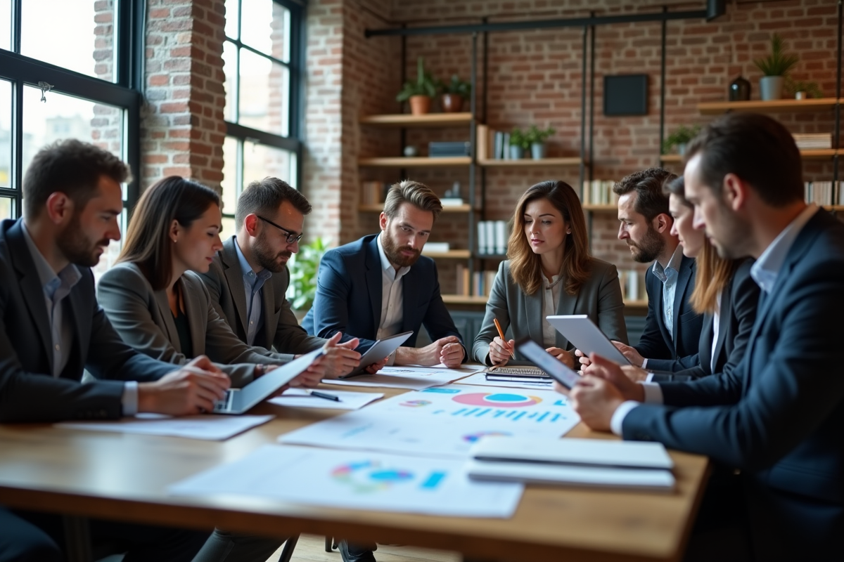 Groupe de professionnels en réunion dans un espace coworking